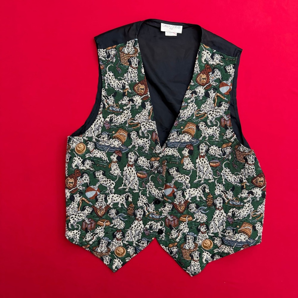 VTG Casual Corner Dalmatian Dog‎ Tapestry Vest Mens 2X Green Woven Waistcoat USA